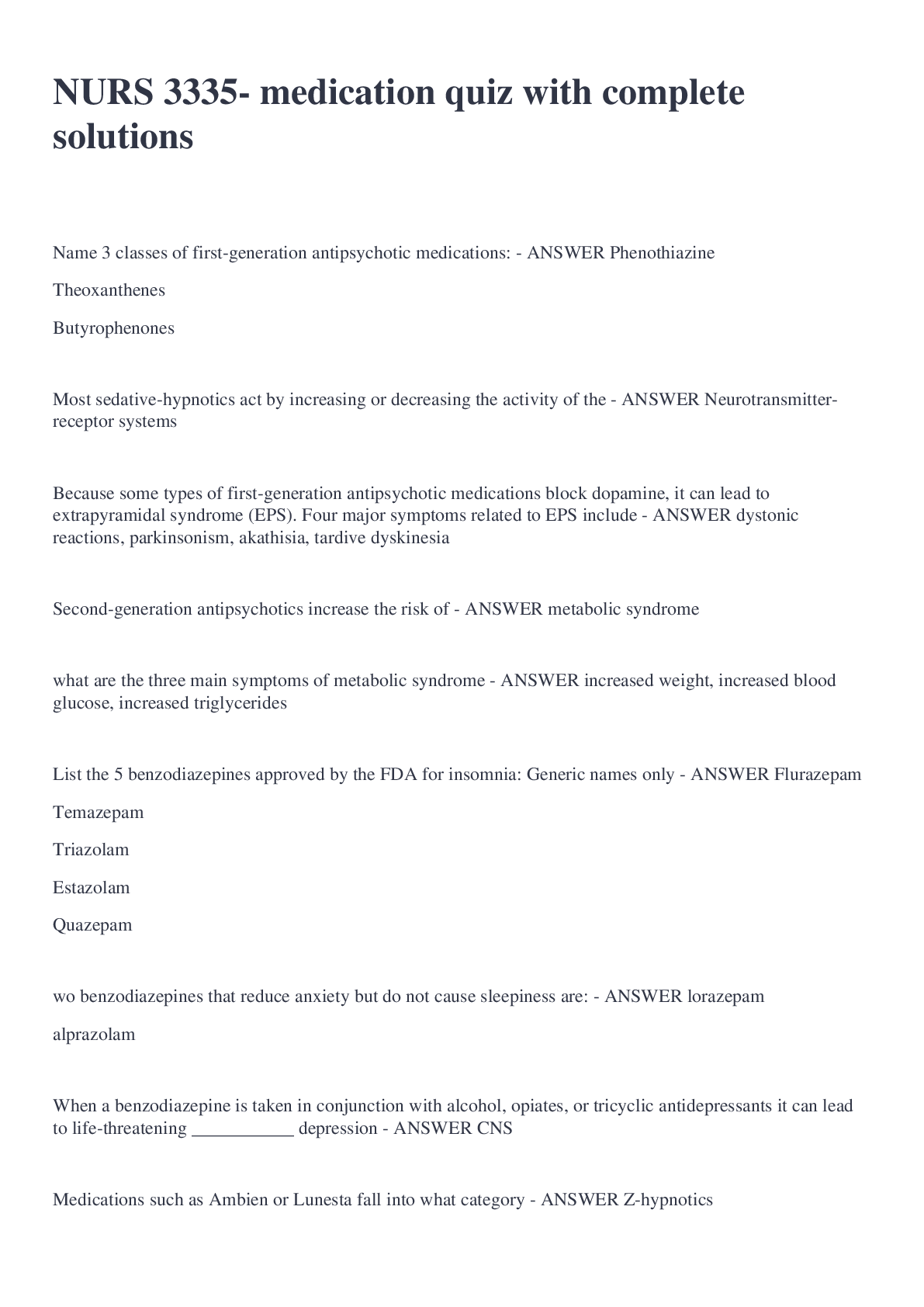 Preview image of NURS 3335- medication quiz with complete solutions document